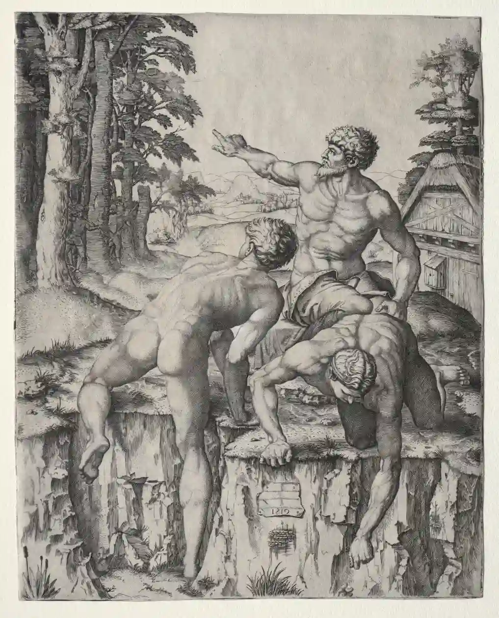 Tres figuras de la Batalla de Cascina de Miguel Ángel según un dibujo de Raimondi Tres figuras de la Batalla de Cascina de Miguel Ángel según un dibujo de Raimondi